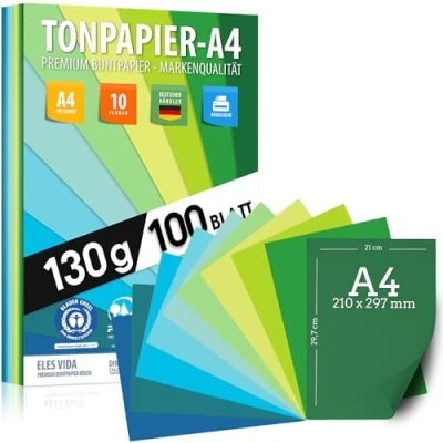 Imagen de 100 hojas de papel ARCILLA DIN A4 130g / m² Juego 10 colores artesanal estable y colores, para niños bricolaje, accesorios marino verde hierba azul océan