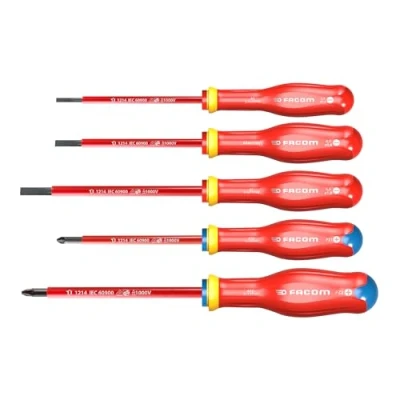 Imagen de FACOM Juego de 5 Destornilladores Protwist Aislados 1000V, Incluye 3 Ranura y 2 Pozidriv, Calidad, Ergonomía, Tratamiento Anticorrosión, AT5VE.PB