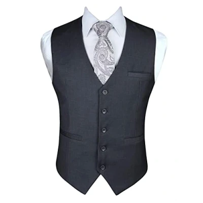 Imagen de Enlision Chaleco Vestir Gris Hombre Elegante Chalecos Traje de Boda Color Liso Formal Negocio con Bolsillo XL