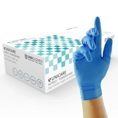 Imagen de UNIGLOVES Guantes desechables de nitrilo Unicare para exploración médicos multiuso sin polvo Caja 100 guantes, color azul, talla extra pequeña (GS0031)