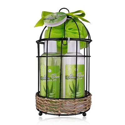 Imagen de Accentra set de ducha regalo para mujer ALOE VERA en una hermosa cesta alambre cuidado 5 piezas con gel ducha, loción corporal, sal baño y burbujas,