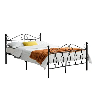 Imagen de [en.casa] Cama de Metal Estable Apolda 140 x 200 cm Doble Matrimonio Somier Reposacabezas y Reposapiés Decorativos Negro Mate
