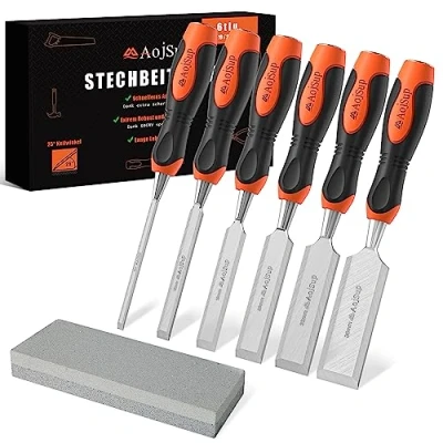 Imagen de AojSup Juego De Cinceles Para Madera 6 Piezas, Incluye Afilados (6, 12, 19, 25, 32, 38mm) y Piedra Amolar, Con Tapa Impacto Metal Resistente