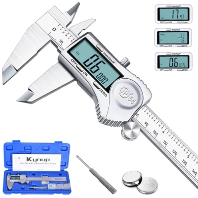 Imagen de Calibre Digital Acero Inoxidable, Kynup Pie de Rey Profesional 150mm/6 Pulgadas, IP54 Impermeable Calibrador Vernier Digital, Gran Pantalla LCD Calibrador, Precisión 0.01mm, Metalico