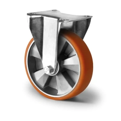 Imagen de Abrollwerk Rueda fija para carga pesada, llanta de aluminio, poliuretano, diámetro 200 mm, doble rodamiento bolas, simple 800 kg (rueda fija) Marrón/Plata