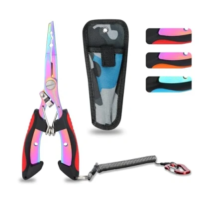 Imagen de supregear Alicates de Pesca Multicolor Acero Inoxidable, Herramienta con Anilla Partida, Removedor Anzuelos, Cortador Líneas, Funda, Lanyard, Equipo Resistente al Agua Salada, Rojo