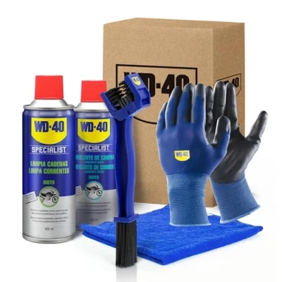 Imagen de WD 40 Specialist Motorbike Kit Mantenimiento Cadena Moto Ambiente Seco (Limpia Cadenas + Lubricante de Cepillo Limpia Guantes Trabajo +Paño Microfibra)
