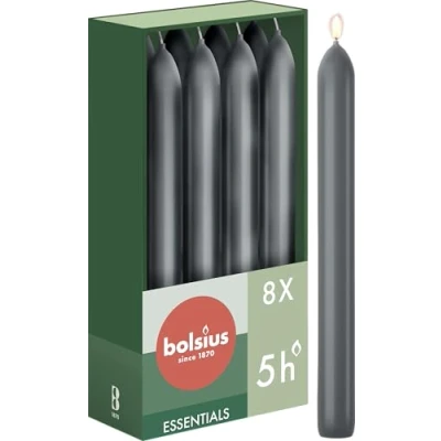 Imagen de Bolsius Velas cónicas para cena, color antracita, paquete de 8, 17 cm, larga duración combustión 5 horas, sin perfume, cera vegana natural, goteo, aceite palma