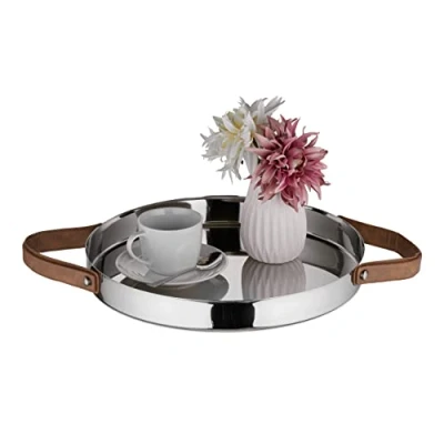 Imagen de Relaxdays Rundes Serviertablett Servir Comida Diseño Redondo con Asas, Bandeja Desayuno, Fuente Acero INOX, 35 cm, Decorativa, Plata, Inoxidable, 50 cm