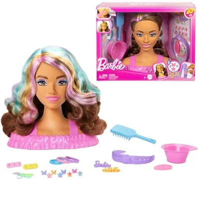 Imagen de Barbie Busto para peinar, pelo marrón oscuro con más de 20 accesorios hacer peinados, incluye pinzas el forma estrella y mariposa que cambian color, JFG82