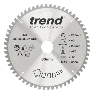 Imagen de Trend CraftPro Hoja de sierra circular TCT corte transversal con gancho negativo, 216 mm diámetro x 60 dientes 30 interior, punta carburo tungsteno, CSB/CC21660