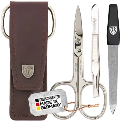 Imagen de DREI SCHWERTER Juego de manicura y pedicura 3 piezas en estuche piel auténtica, color marrón. Fabricado Alemania. Contenido: tijeras uñas, pinzas, lima uñas zafiro
