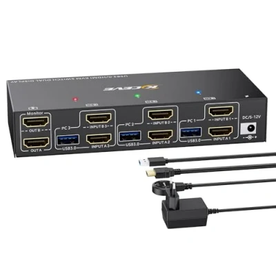 Imagen de Switch KVM 3 PC 2 Monitores 4K@60Hz Emulador EDID,Conmutador HDMI 2K@120Hz para PC, y 4 Dispositivos USB3.0, Soporta Modo Extendido Copia,con Cable USB+Control de Escritorio