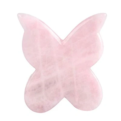 Imagen de Rodillo de jade cuarzo rosa real, tabla gua sha, masajeador, herramienta levantamiento la cara, masaje facial guasha (forma mariposa)