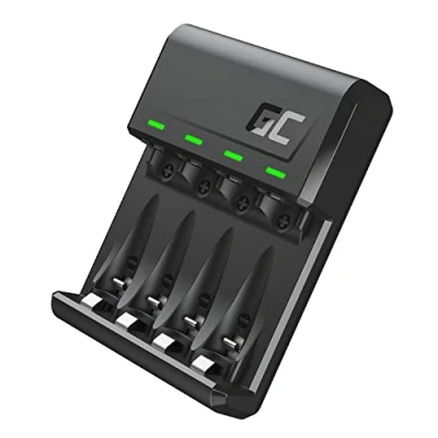 Imagen de Cargador de batería Green Cell VitalCharger Ni MH AA R6 Mignon y AAA R03 con Puertos Micro USB C, Sistema Carga 4 Canales, señalización LED.