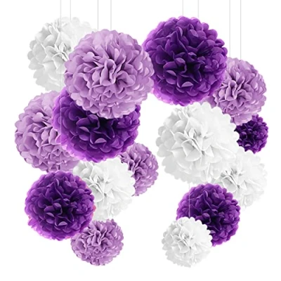 Imagen de YBwanli 24 Pcs Pompones de Papel decoración temática morada, escolarización, fiesta cumpleaños,bautizo, confirmación, para niñas,comunión,día San Valentín (morado claro, lila, blanco)