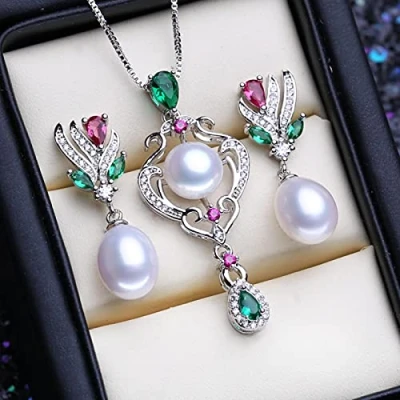 Imagen de LOKILOKI Conjuntos De Joyas Perlas Agua Dulce Naturales Plata Ley 925 para Mujer, Collar con Colgante Pendientes Esmeralda Rubí