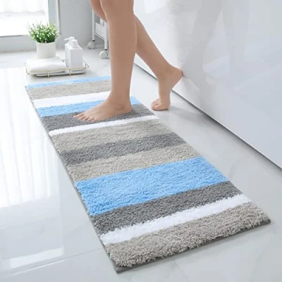 Imagen de Homaxy Alfombra de baño Antideslizante, a Rayas Microfibra Suave, Absorbente Pelo Largo, Lavable máquina, 40 x 120 cm, Azul/Gris