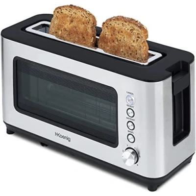 Imagen de H.Koenig Tostadora 2 rebanadas VIEW7 Ranuras anchas Cristal transparente Acero inoxidable Vintage, 6 niveles de tostado, Descongelar, Viennoiseries pan, Centrado automático, Fácil limpieza