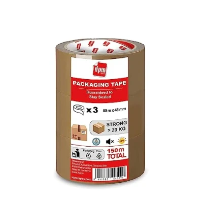 Imagen de Dpm tapes Packaging Tape Cinta de embalaje, adhesiva paquetes, envíos, mudanzas, resistente al desgarro, sin disolventes, fuerte y silencioso, 50 m x 48 mm, marrón/habana (3 rollos)
