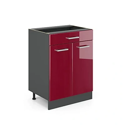 Imagen de Vicco Mueble bajo de Cocina R Line, Rojo Burdeos Alto Brillo/Antracita, 60 cm con cajón, sin encimera