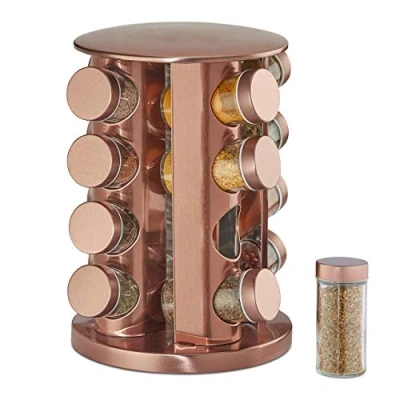 Imagen de Relaxdays Especiero Giratorio Mediano de Acero, Organizador Especias Cilíndrico, 16 Botes Cristal, 28x22 cm, Cobre, Inoxidable, 1 Unidad