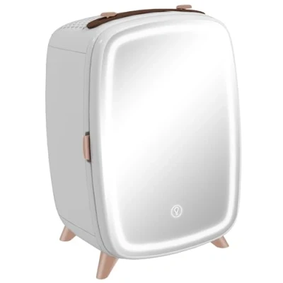 Imagen de HOMCOM Nevera para Cosméticos 6L Pequeña 9V Enfriar con Puerta Espejo y Luces LED Ajustable en 3 Niveles Mini Frigorífico Belleza Maquillaje Bebidas 24,3x19,4x35,6 cm Blanco