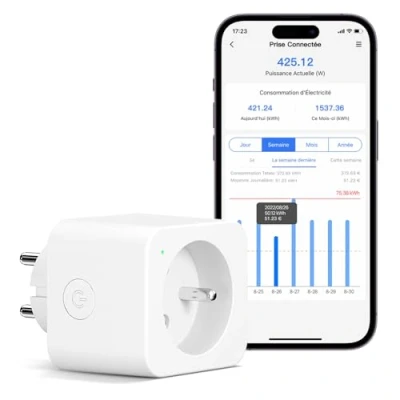Imagen de Meross toma conectada (tipo E), 16 A, conector WiFi compatible con Alexa y Google Home, de consumo eléctrico inteligente control voz, remoto configuración Bluetooth