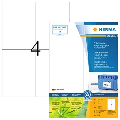 Imagen de HERMA etiquetas autoadhesivas de reciclaje, 4 por hoja A4, 80 hojas, 105 x 148 mm, 320 etiquetas, adhesivas papel 100% reciclado, para impresora láser y