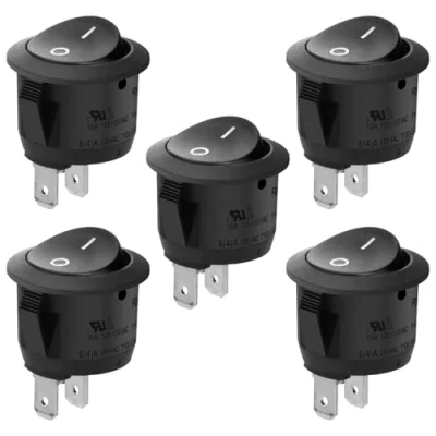 Imagen de Heschen Interruptor basculante redondo negro ON OFF SPST 2 terminales 6A 250VAC UL VDE 5 unidades