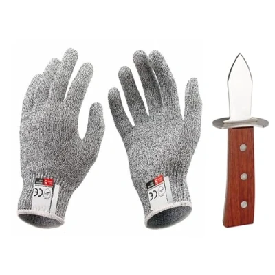 Imagen de Cuchillo Ostra, Abridor Ostras, para Ostras con Mango de Madera y 1 par Guantes Resistentes al Corte(XL), Abre Acero Inoxidable, Almejas Mariscos