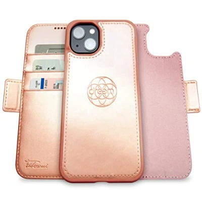 Imagen de dreem Fibonacci 14 Plus Wallet Case/Funda 2 en 1 a Prueba de Golpes MagSafe y Folio Lujo Desmontable Cuero Vegano con protección Tarjetas RFID Soporte; para Mujeres Hombres Rosa