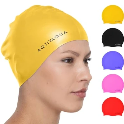 Imagen de AqtivAqua Gorro Piscina Mujer y Hombre, Natacion de Silicona 100% Impermeable, Adecuado para Niños Adolescentes, Baño Elástico Mantener el Cabello Seco (Amarillo)