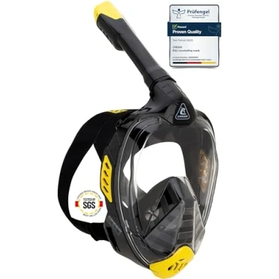 Imagen de CRESSI Bali Full Face Mask Black/Yellow L/XL Máscara Integral Unisex para Snorkeling, Lente Ultra Transparente Antivaho, 100% Silicona, Tubo Seco con Válvula, Apoyo Action CAM, Negro/Amarillo,