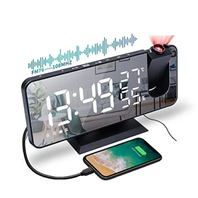 Imagen de Radio Despertador Proyector, Reloj Digital con Puerto USB, Pantalla de Espejo LED 7&quot;, 180 Rotativo Proyector Humedad Temperatura Interior 2 Relojes Despertadores (C)