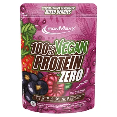 Imagen de IronMaxx proteína 100% vegana Cero frutas del bosque bolsa de 500g en polvo 4 componentes y sin azúcarproteína aspartamo