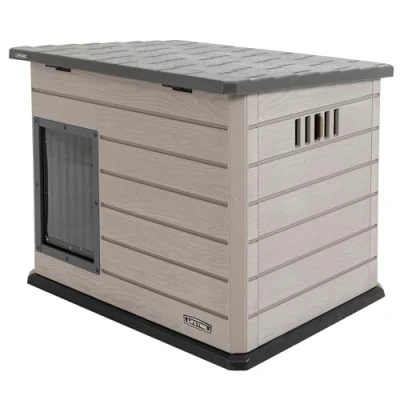Imagen de LIFETIME Caseta perros exterior, 120x97x97 90 cm, Casa de perro portátil, Con base elevada, Pared divisoria interior extraíble, Protección UV, Techo abatible, Casita rectangular para jardín (92314)