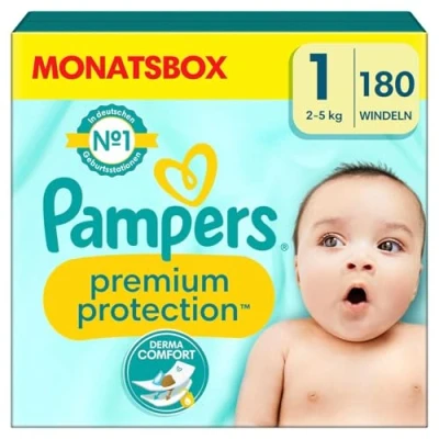 Imagen de Pampers Pañales para bebé tamaño 1 (2 5 kg) Premium Protection, Newborn, HalBMONATSBOX, la mejor comodidad y protección pieles sensibles, 180 unidades