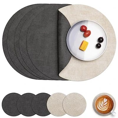 Imagen de Myir JUN Manteles Individuales Redondos y Posavasos, Salvamanteles de Cuero Juego 6 Mantel Individual Lavables Antideslizant Mesa (Gris Crema, 6)