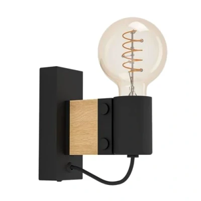 Imagen de EGLO Bailrigg aplique rectangular para interior, FSC100HB, de madera natural y metal negro, casquillo E27