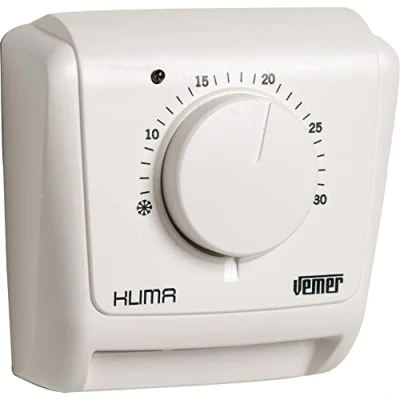 Imagen de VEMER VE020400 Termostato Mecánico de Ambiente a Membrana Gas, Función Calefacción y Aire Acondicionado Luz Encendido, Blanco, Normale