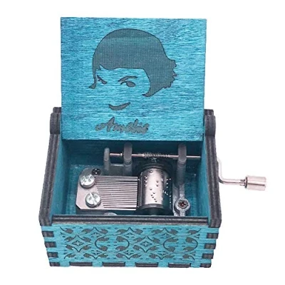 Imagen de Amelie Caja de música con manivela tallada madera, reproduce la canción temática Amelie, azul