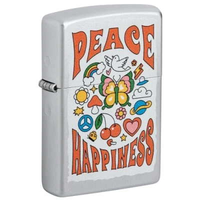 Imagen de Zippo Windproof Lighter Peace Happiness Design Satin Chrome Refillable for Lifetime Use Gift Box Metal Construction Made in USA