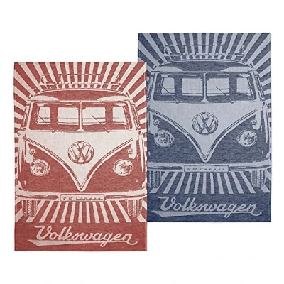 Imagen de BRISA VW Collection Set de 2 paños Cocina para secar Platos Volkswagen T1 Camper Bus (Franjas Samba/Rojo)