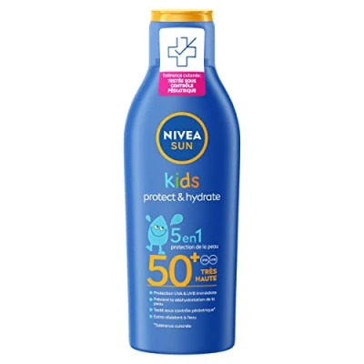 Imagen de NIVEA SUN Leche solar KIDS Protect &amp; Play FPS 50+ (1 x 200 ml), protector hidratante para la piel sensible de los niños, protección UVA/UVB resistente al agua