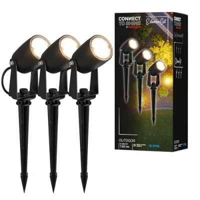 Imagen de Briloner Sistema de jardín Connect to Shine 12 V, juego 3 focos LED con estaca, extensión, IP65, luz blanca cálida, iluminación jardín, foco para 25x4 cm, negro