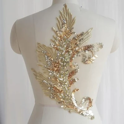 Imagen de Yulakes 1 apliques de plumas lentejuelas, bordado encaje y pedrería, parche flores para manualidades, escote boda, vestido novia (dorado)