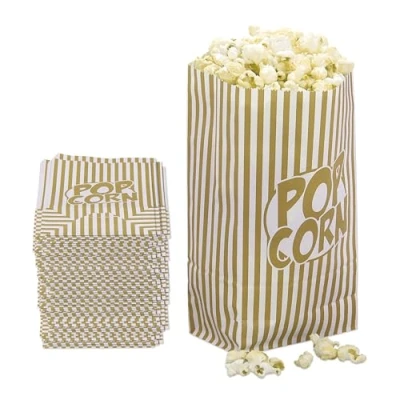Imagen de Relaxdays Bolsas de Palomitas, Set 144, a Rayas, Retro, Cine, Noches Peli, Papel, Bolsitas Snacks, Dorado/Blanco
