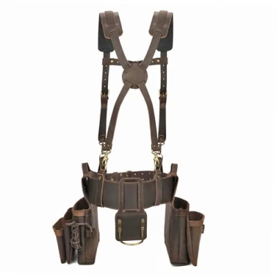 Imagen de TOURBON Cinturón de herramientas carpintero con tirantes desmontables, bolsas electricista, bucle para martillo, múltiples bolsillos