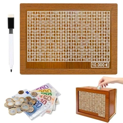 Imagen de Hucha De Madera,Hucha con Contador,Reutilizable Ahorro,Hucha Retro Números Objetivo,con Marcador para Ayudar a Los Niños Desarrollar El Hábito Ahorro. 10000